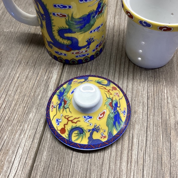 Asian Themed DRAGON Ceramic Tea Cup Diffuser 3-Piece. Cup, Lid, and Strainer - Picture 3 of 16